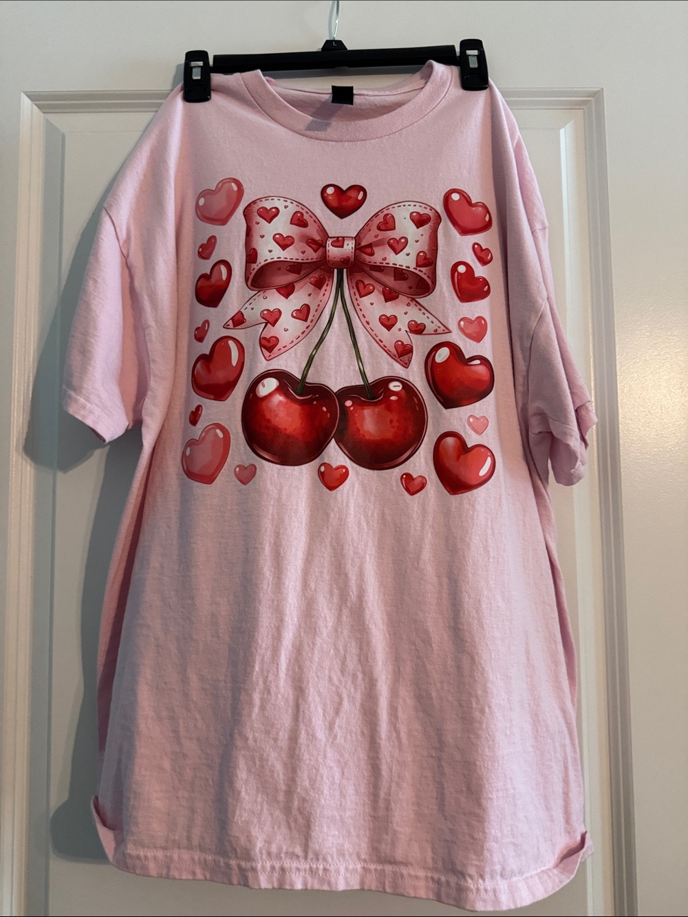 Pink Kids' T-Shirt with Cherry Heart Bow Graphic
